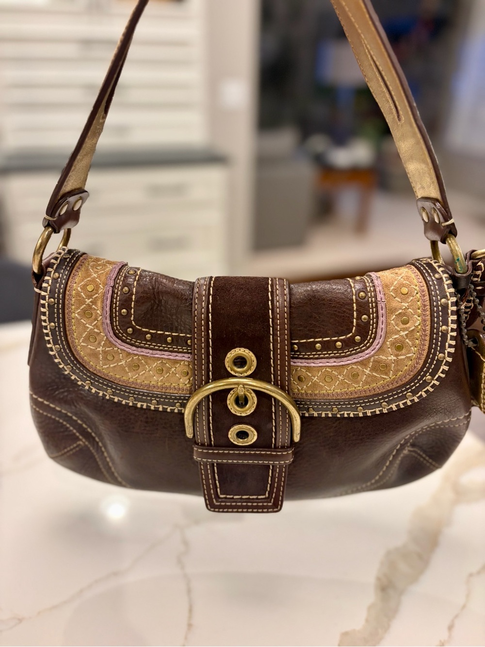 Vintage Coach SOHO Brown Leather Suede Studded Y2K Shoulder Bag 10479